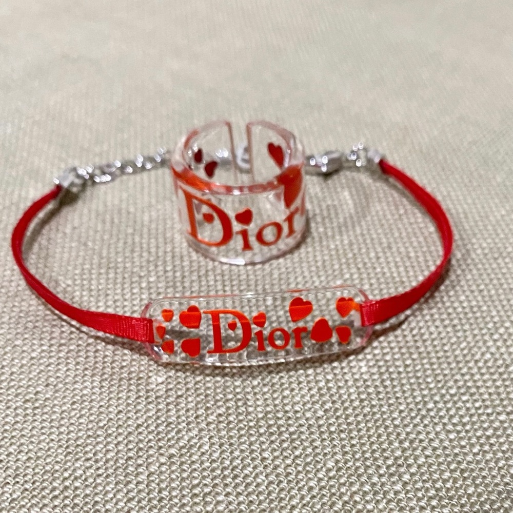 DIOR Red Heart Lucite Ring Bracelet Red Ribbon Set RARE